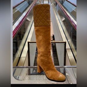 CHANEL Tan Quilted Knee Boots